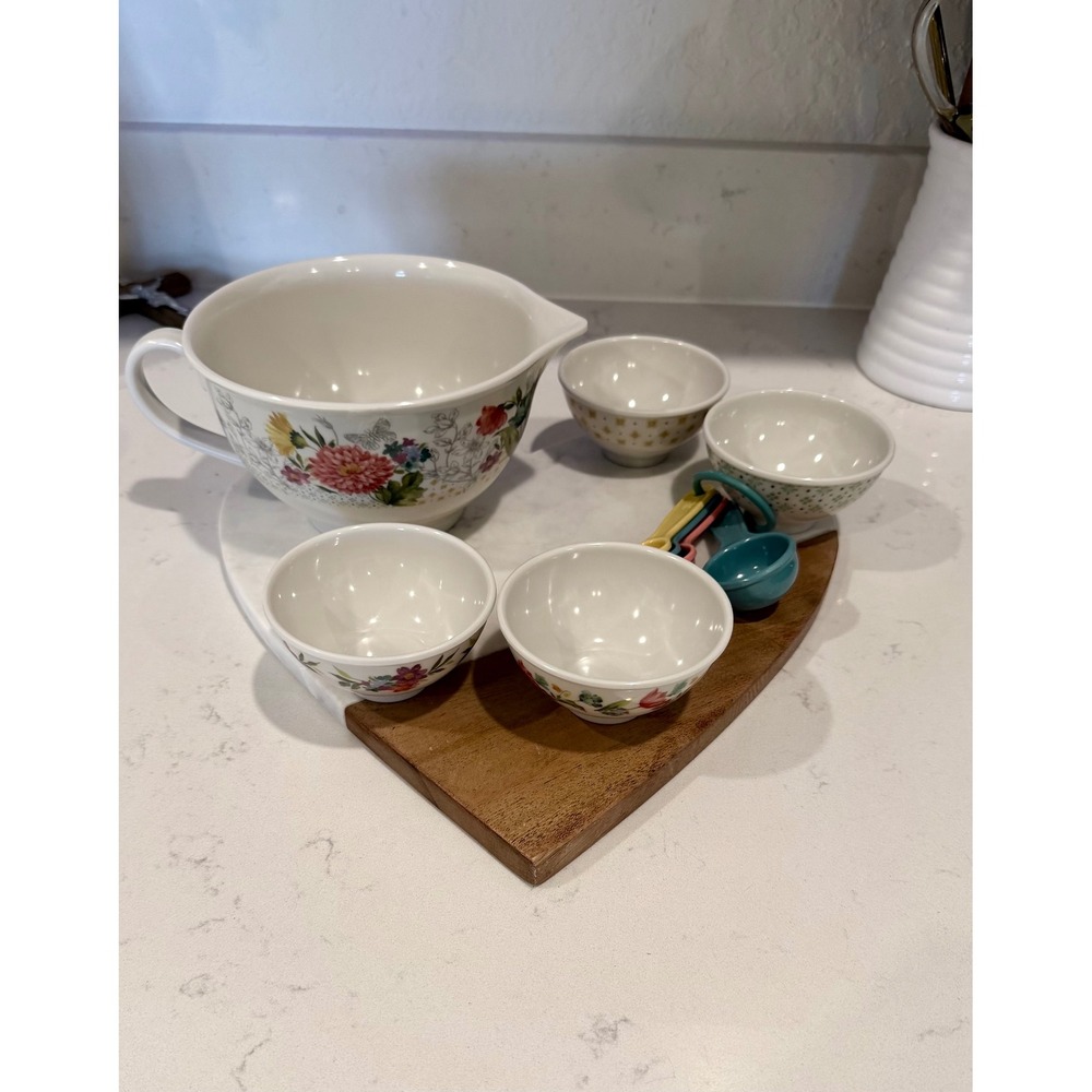 Floral Ceramic Batter Bowl Prep Set with 4 Pinch Bowls and Measuring Spoons